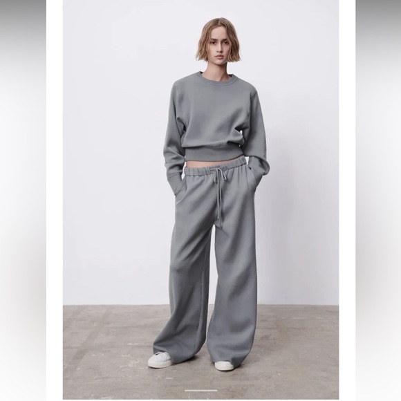 Zara oversized cropped gray knit round neck sweater with shoulder pads - Picture 1 of 17
